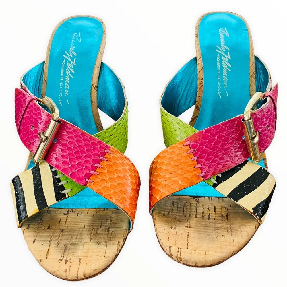 Beverly Feldman 80’s Karena Mixed Print Colorful Belted Cork Wedges‎ Size 7